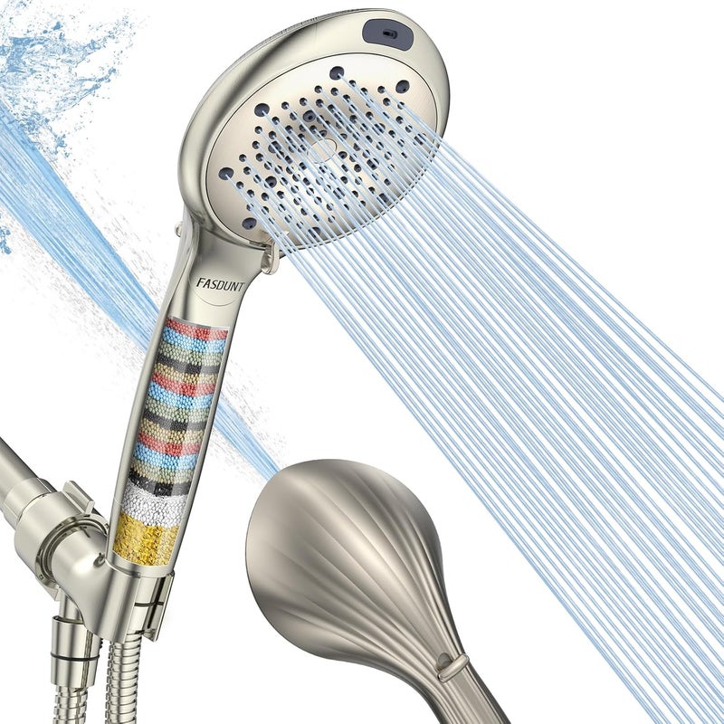 FASDUNT Filtered Shower Head with Handheld, 8-Mode Handheld Showerhead with Filters for Hard Water -Remove Chlorine, Built-in Power Wash, 80" Extra Long Stainless Steel Hose, Brushed Nickel - Image 1